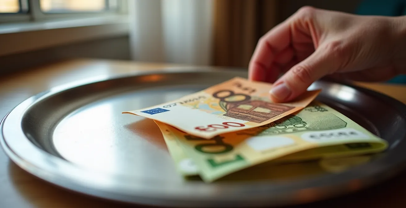 Mano dejando discretamente euros en una bandeja de servicio en un resort