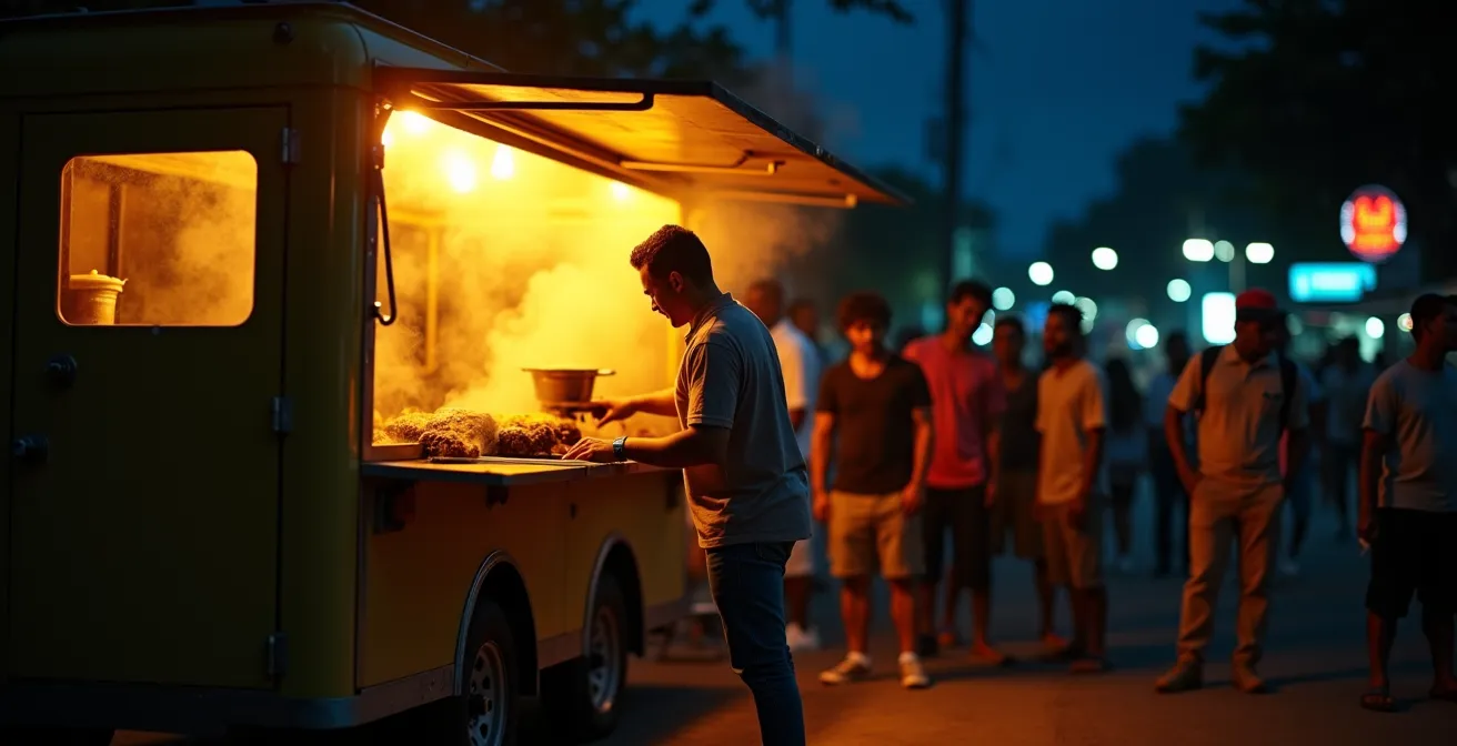Puesto callejero de chimi iluminado de noche con vendedor preparando hamburguesas dominicanas