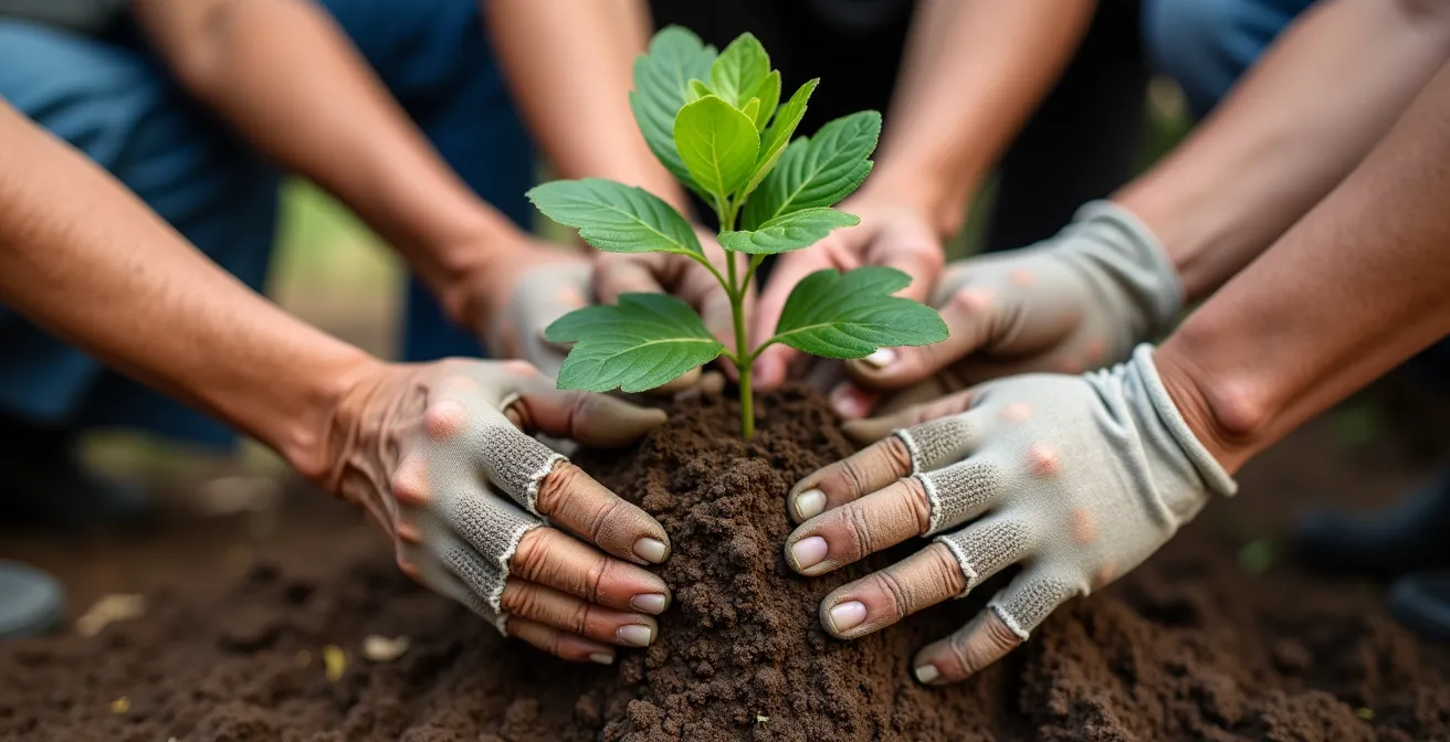 Un grupo diverso de personas plantando árboles autóctonos en una ladera mediterránea durante una jornada comunitaria de reforestación.