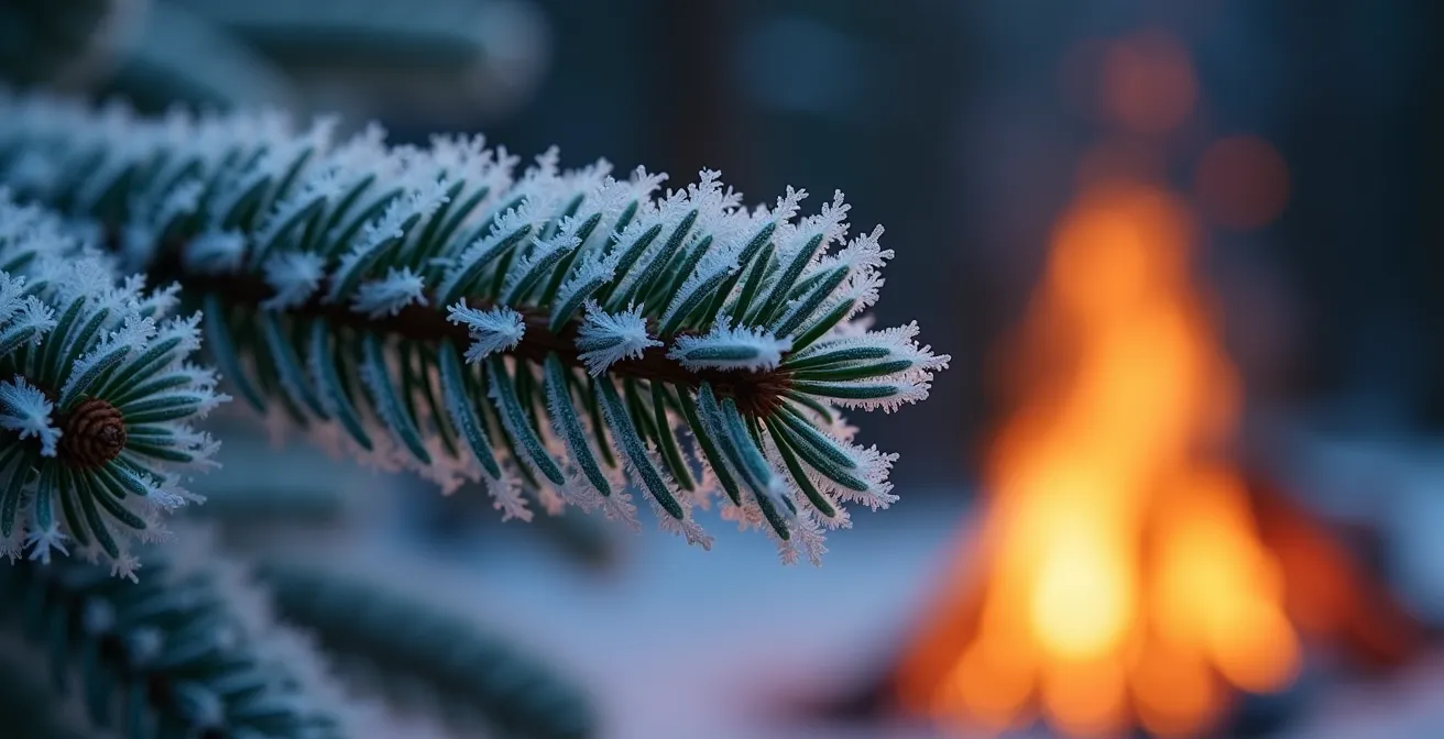 Refugio de montaña La Compartición iluminado por fogata en noche helada con escarcha