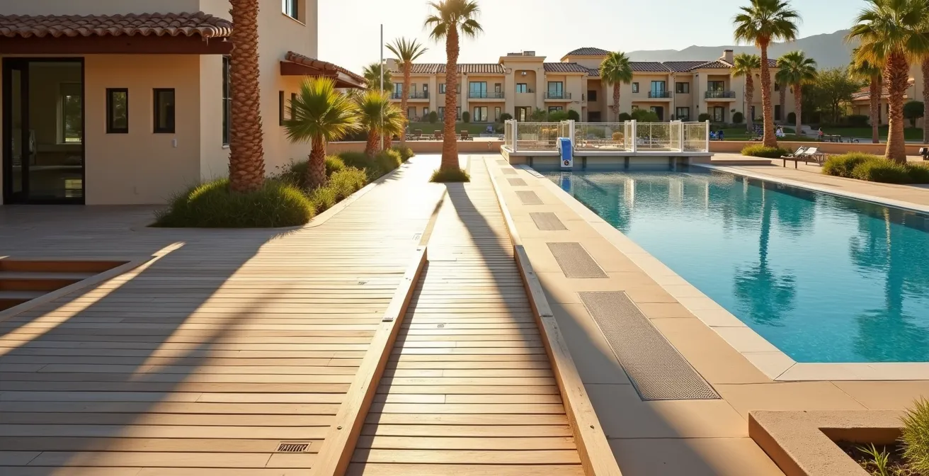 Vista panorámica de resort accesible con rampas y facilidades adaptadas