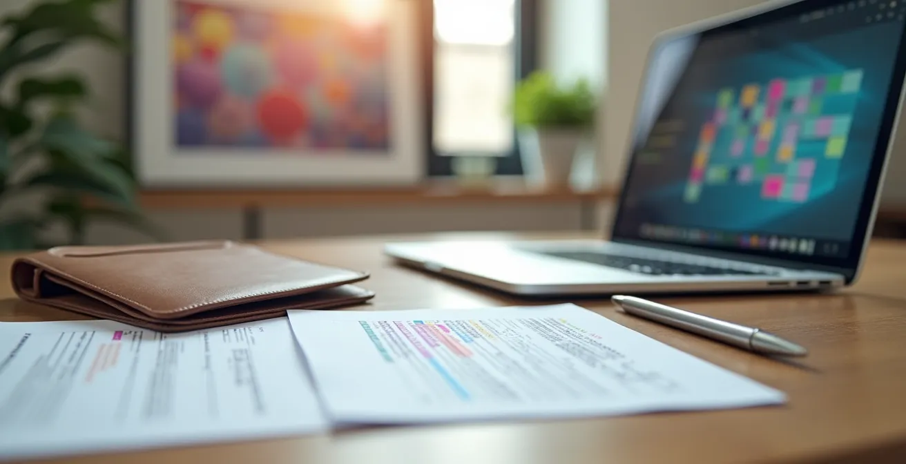 Mesa de trabajo con documentos de contrato y laptop mostrando calendario de reservas