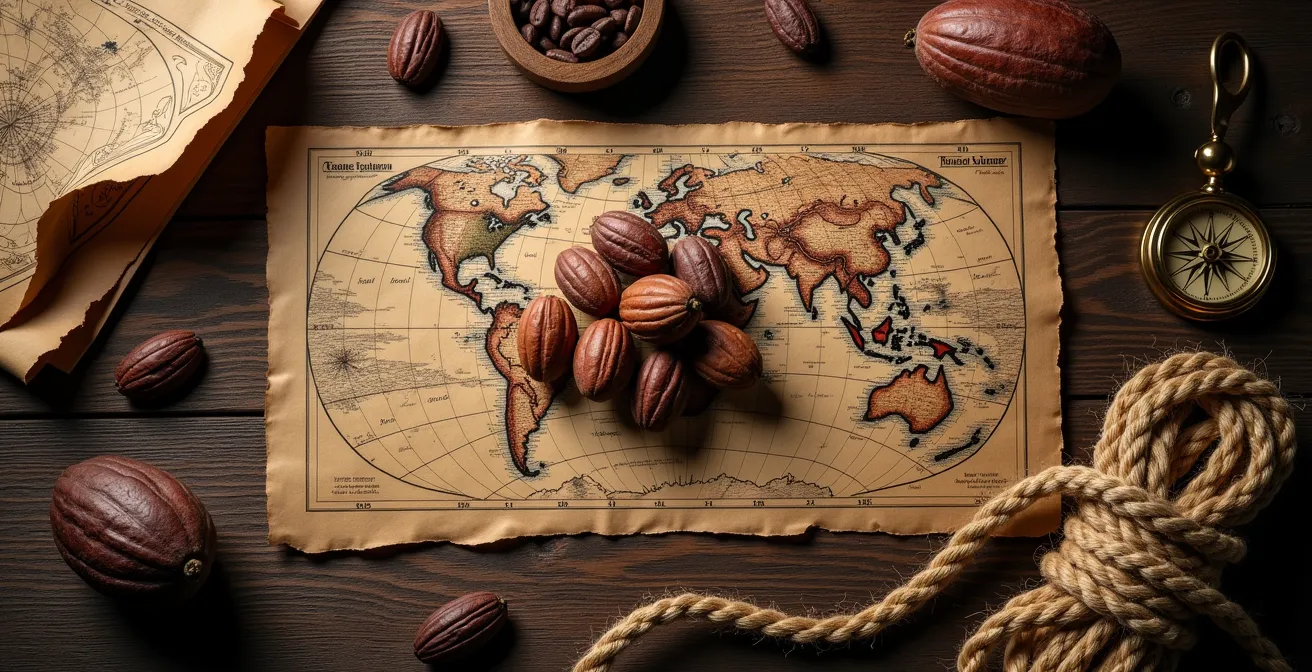 Recreación histórica de las rutas comerciales del cacao desde América hasta Europa