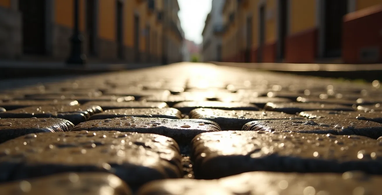 Callejón estrecho colonial con sombras naturales de los edificios históricos al mediodía