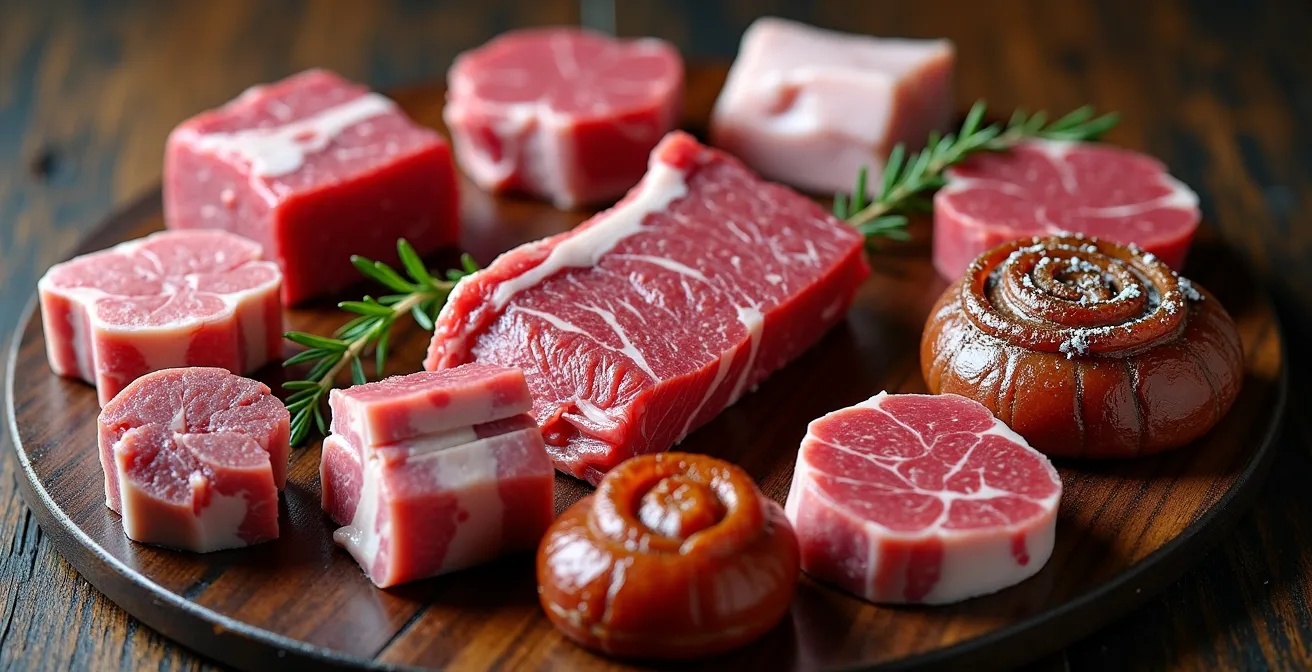 Vista cenital de siete tipos diferentes de carnes cortadas para sancocho