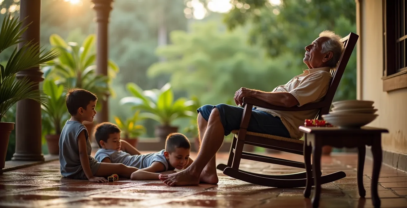 Familia descansando en una terraza después del almuerzo de sancocho, en plena sobremesa.