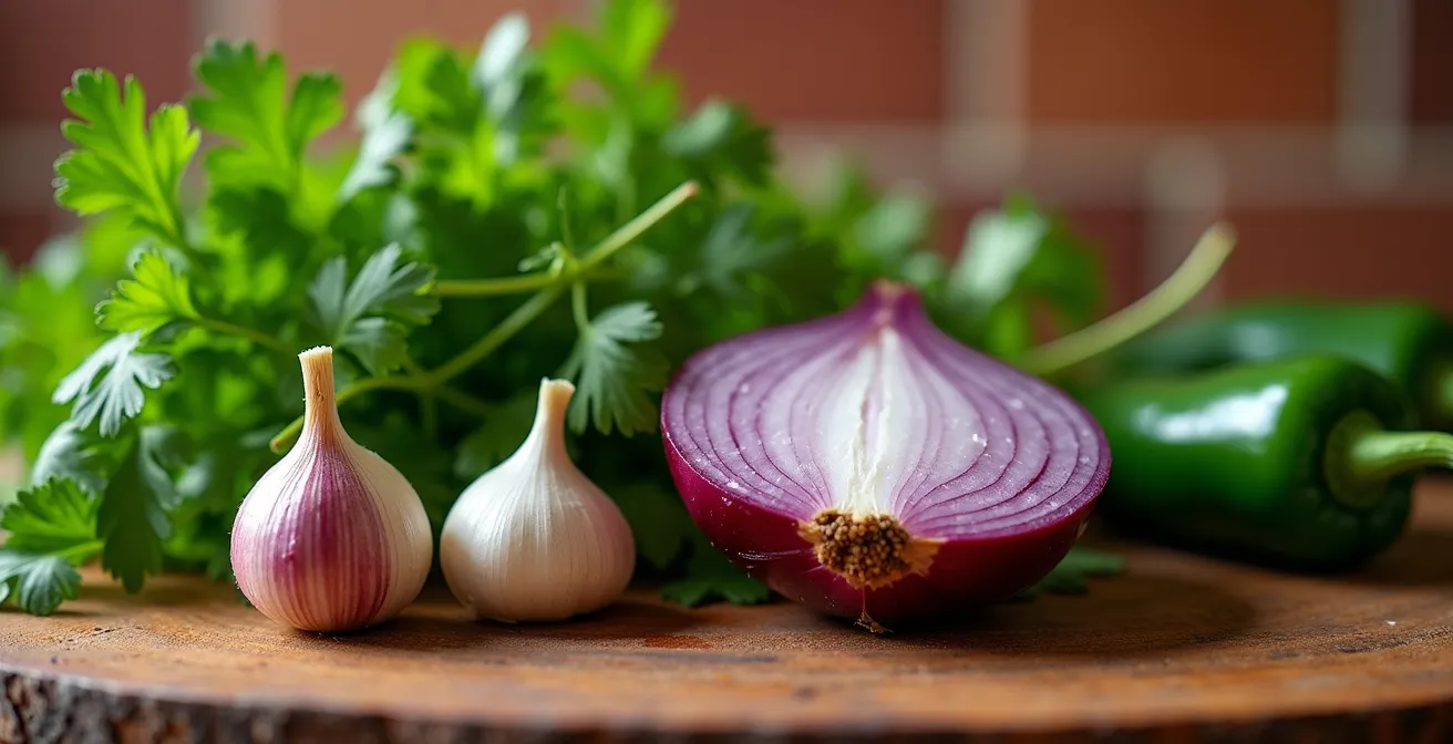 Ingredientes frescos del sofrito dominicano sobre tabla de madera española