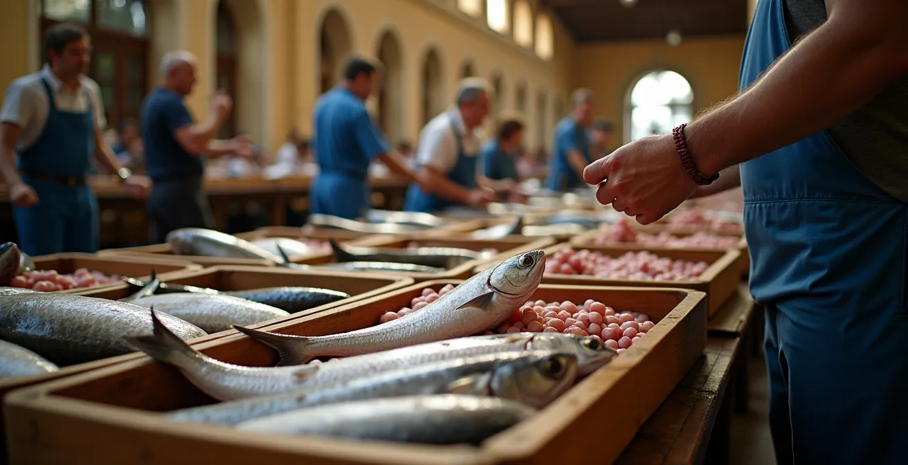 Subasta tradicional de pescado en una lonja española con compradores alrededor de cajas de pescado fresco