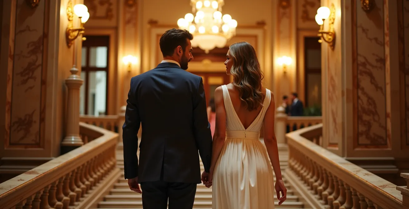 Interior elegante del Teatro Nacional con detalles arquitectónicos iluminados
