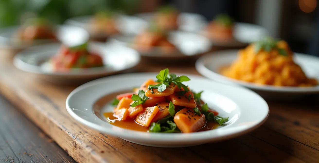 Conjunto de platos pequeños con porciones variadas de comida estilo tapas en un buffet.