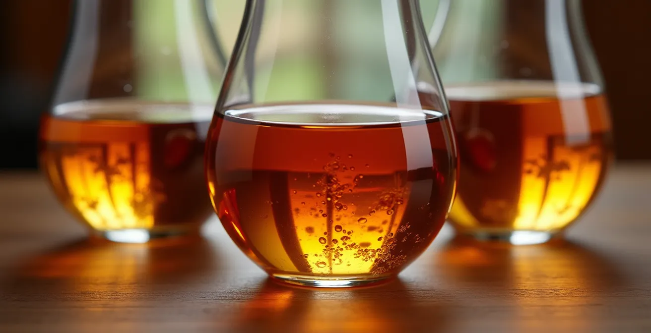 Tres copas de balón con diferentes tonalidades de ron añejo dominicano