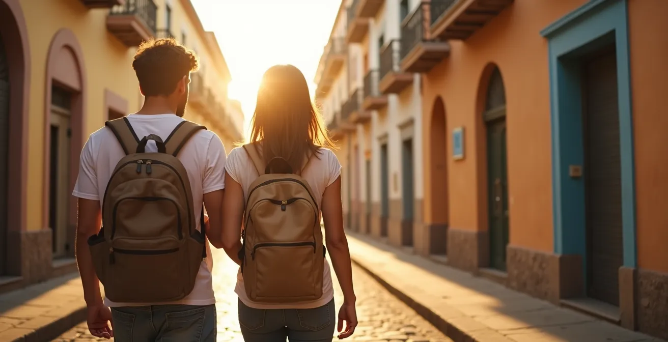 Pareja de turistas explorando las calles coloniales de Santo Domingo por la mañana
