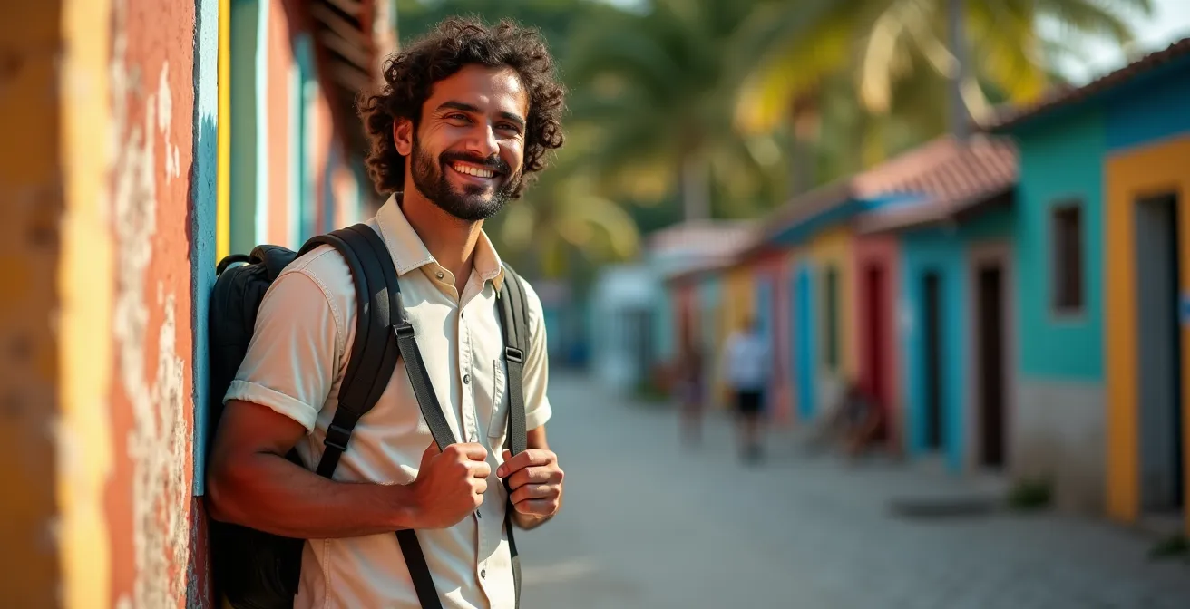 Persona con ropa ligera y mochila preparada para el carnaval caribeño