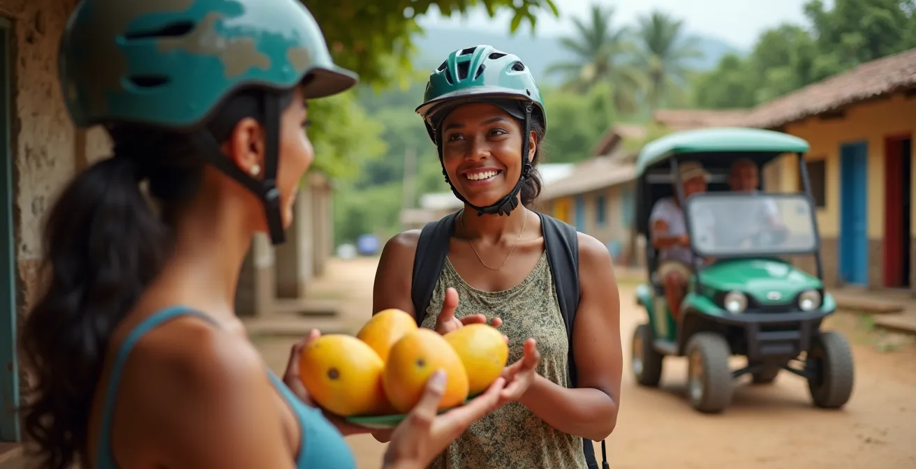 Grupo de turistas en buggy detenidos en una parada auténtica interactuando respetuosamente con locales dominicanos