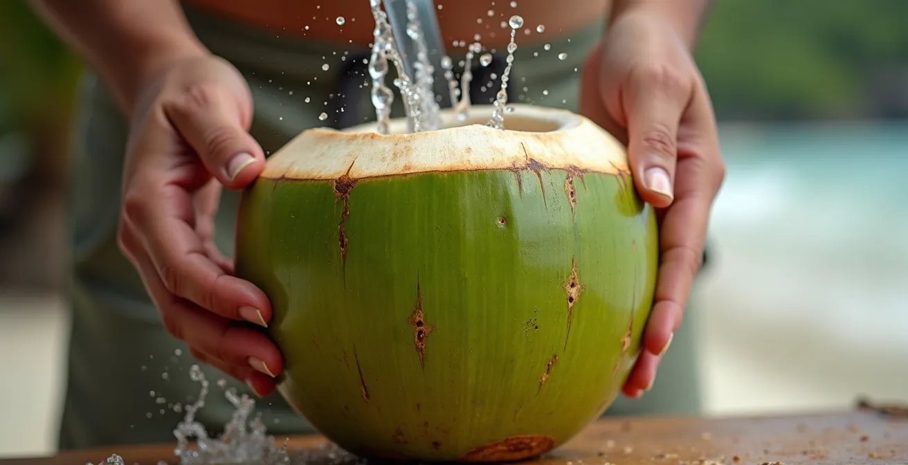 Vendedor dominicano preparando agua de coco fresca en puesto de playa caribeña