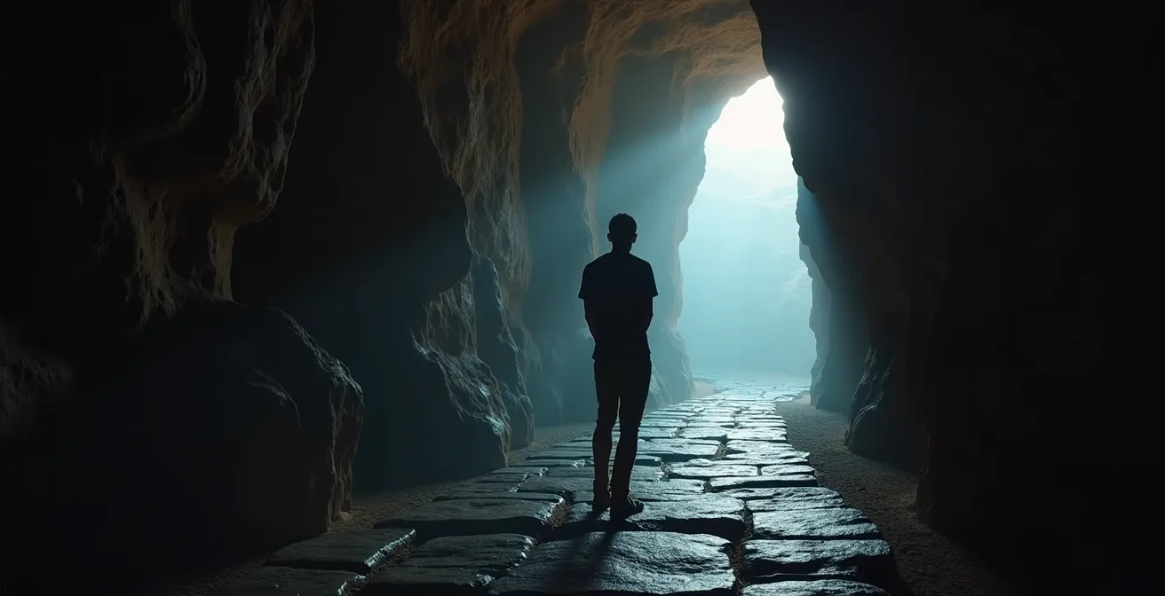 Silueta de visitante contemplando petroglifos antiguos desde distancia segura