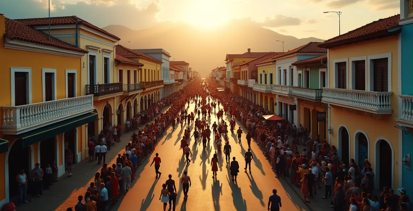 Vista elevada del desfile de carnaval mostrando la disposición de las comparsas y el público