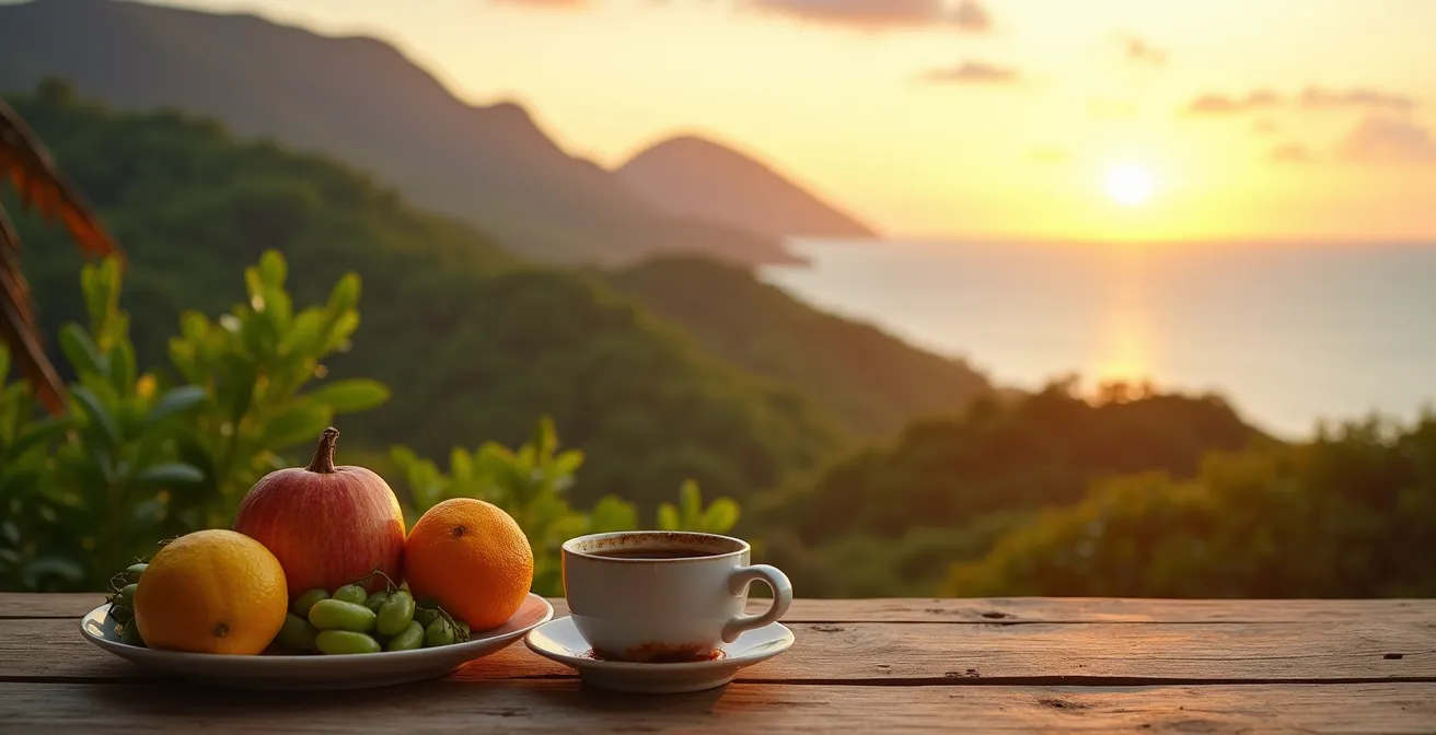 Paisaje panorámico de Barahona entre montañas y mar con mesa tradicional