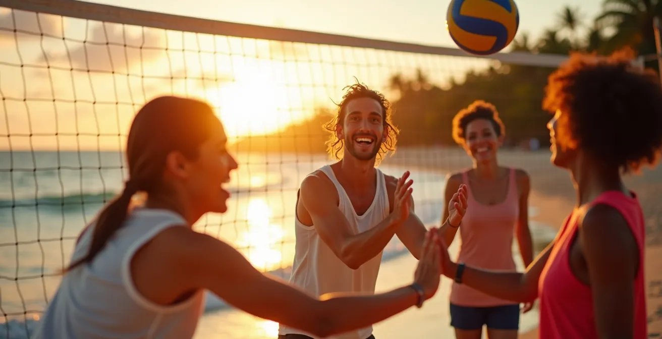 Grupo diverso jugando voleibol en playa caribeña al atardecer