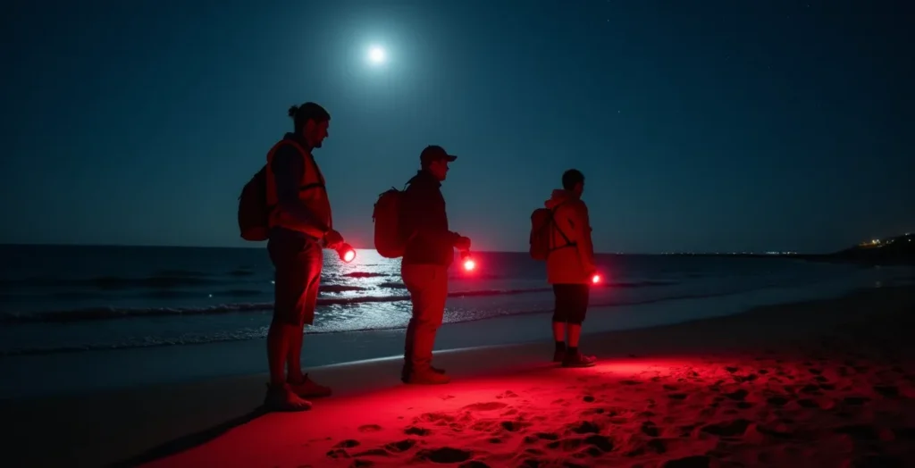 Siluetas de voluntarios con linternas rojas patrullando una playa nocturna bajo la luna llena para la conservación de tortugas. Siluetas de voluntarios con linternas rojas patrullando una playa nocturna bajo la luna llena para la conservación de tortugas.